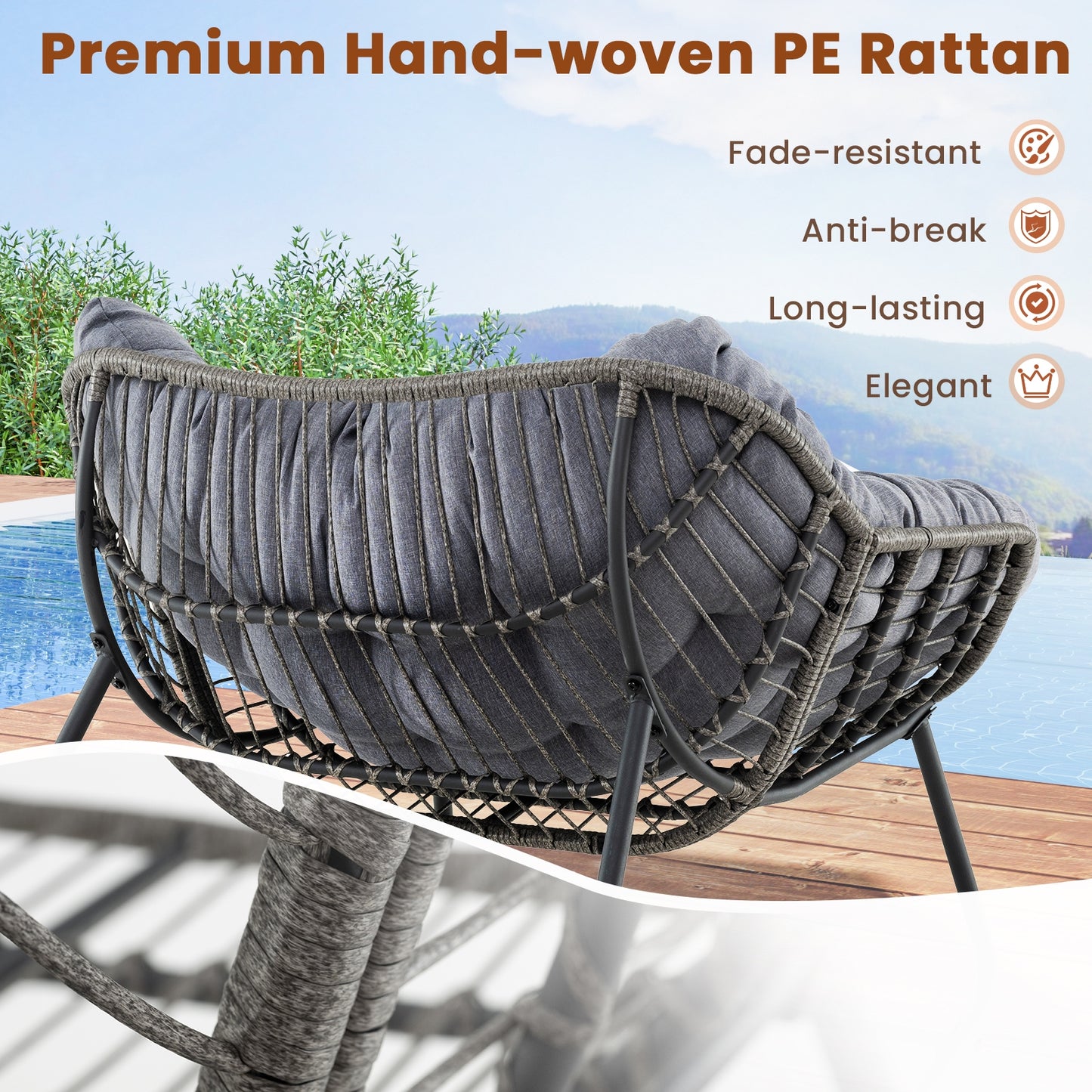 Outdoor Rocking Chair Oversized Patio PE Wicker Egg Chair with Cushion-Gray Kids Crystal