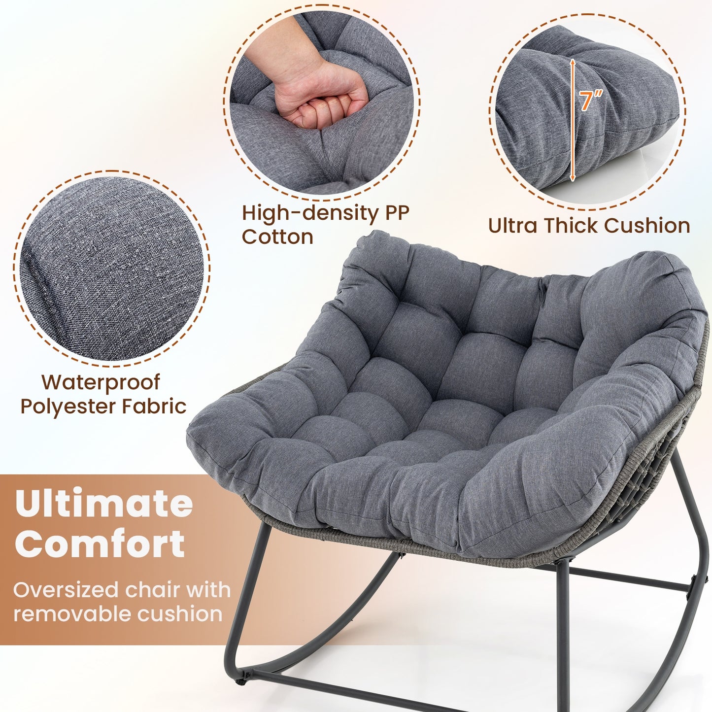 Outdoor Rocking Chair Oversized Patio PE Wicker Egg Chair with Cushion-Gray Kids Crystal