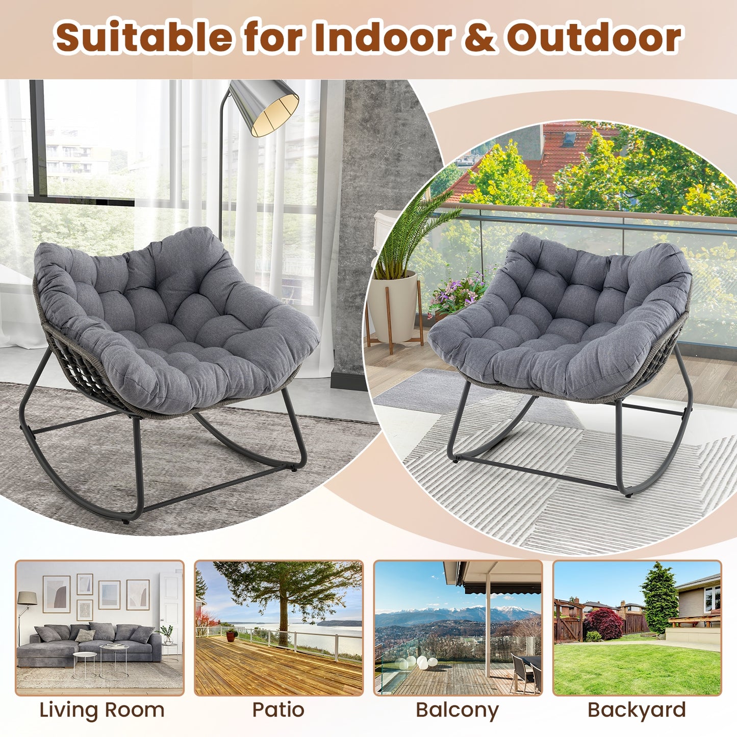 Outdoor Rocking Chair Oversized Patio PE Wicker Egg Chair with Cushion-Gray Kids Crystal