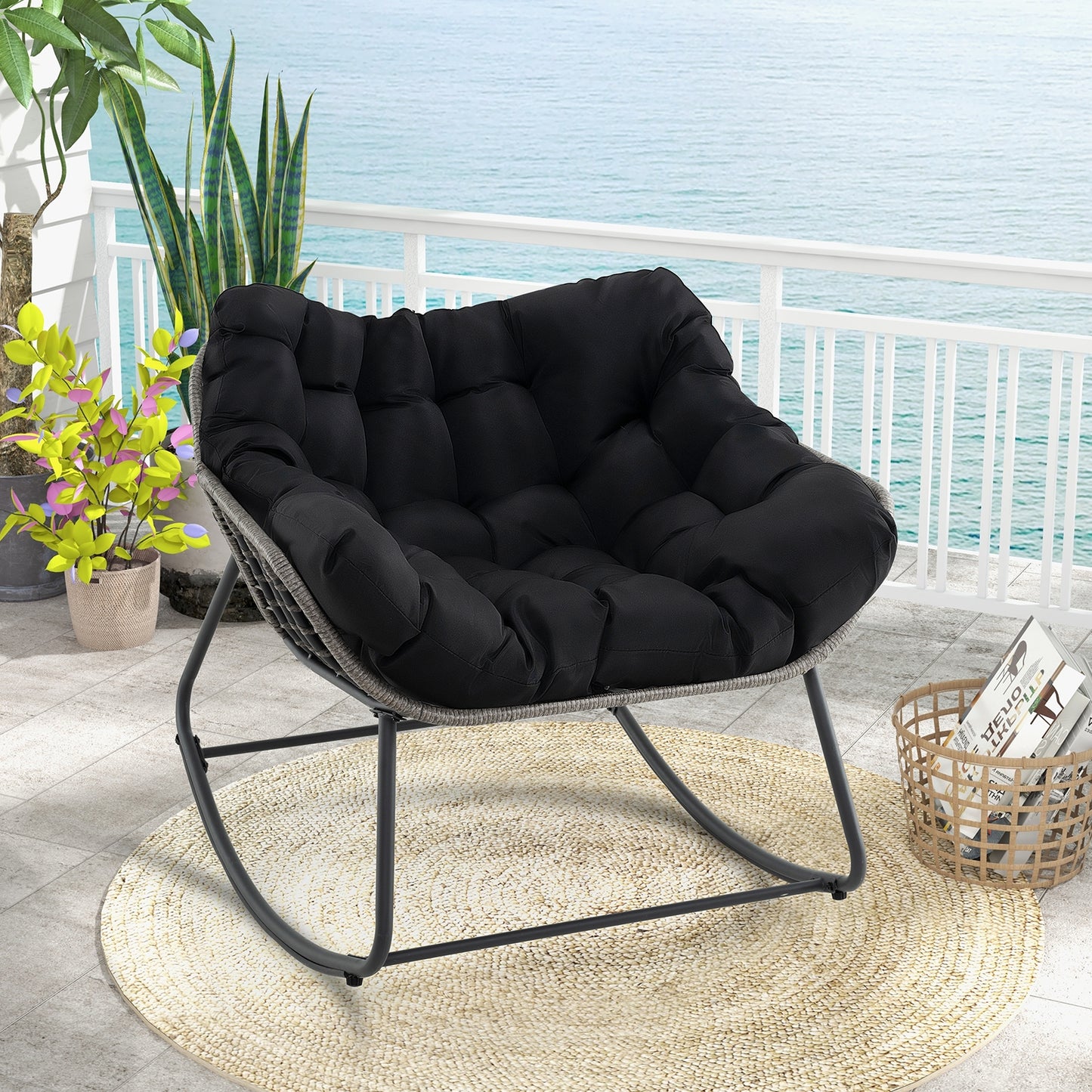 Outdoor Rocking Chair Oversized Patio PE Wicker Egg Chair with Cushion-Black Kids Crystal