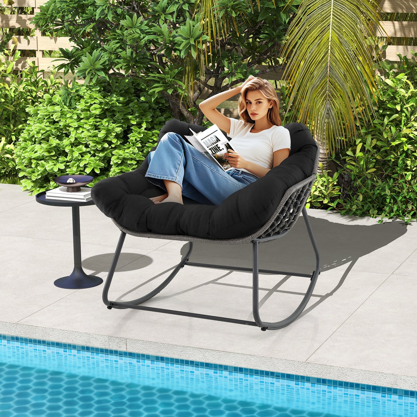 Outdoor Rocking Chair Oversized Patio PE Wicker Egg Chair with Cushion-Black Kids Crystal