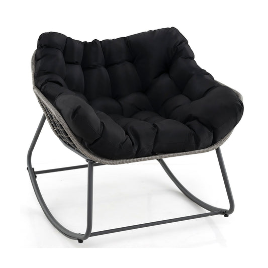 Outdoor Rocking Chair Oversized Patio PE Wicker Egg Chair with Cushion-Black Kids Crystal