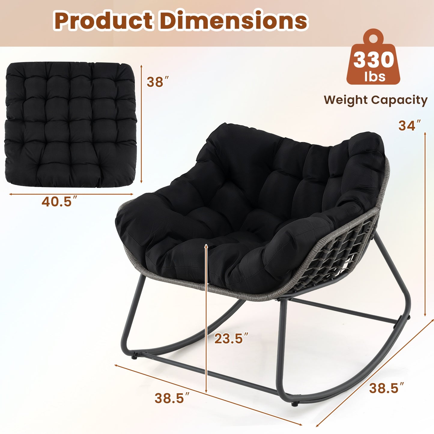 Outdoor Rocking Chair Oversized Patio PE Wicker Egg Chair with Cushion-Black Kids Crystal