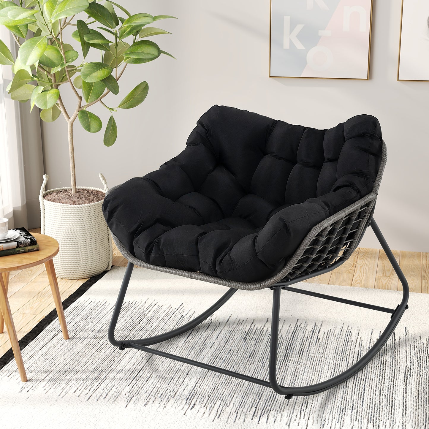 Outdoor Rocking Chair Oversized Patio PE Wicker Egg Chair with Cushion-Black Kids Crystal