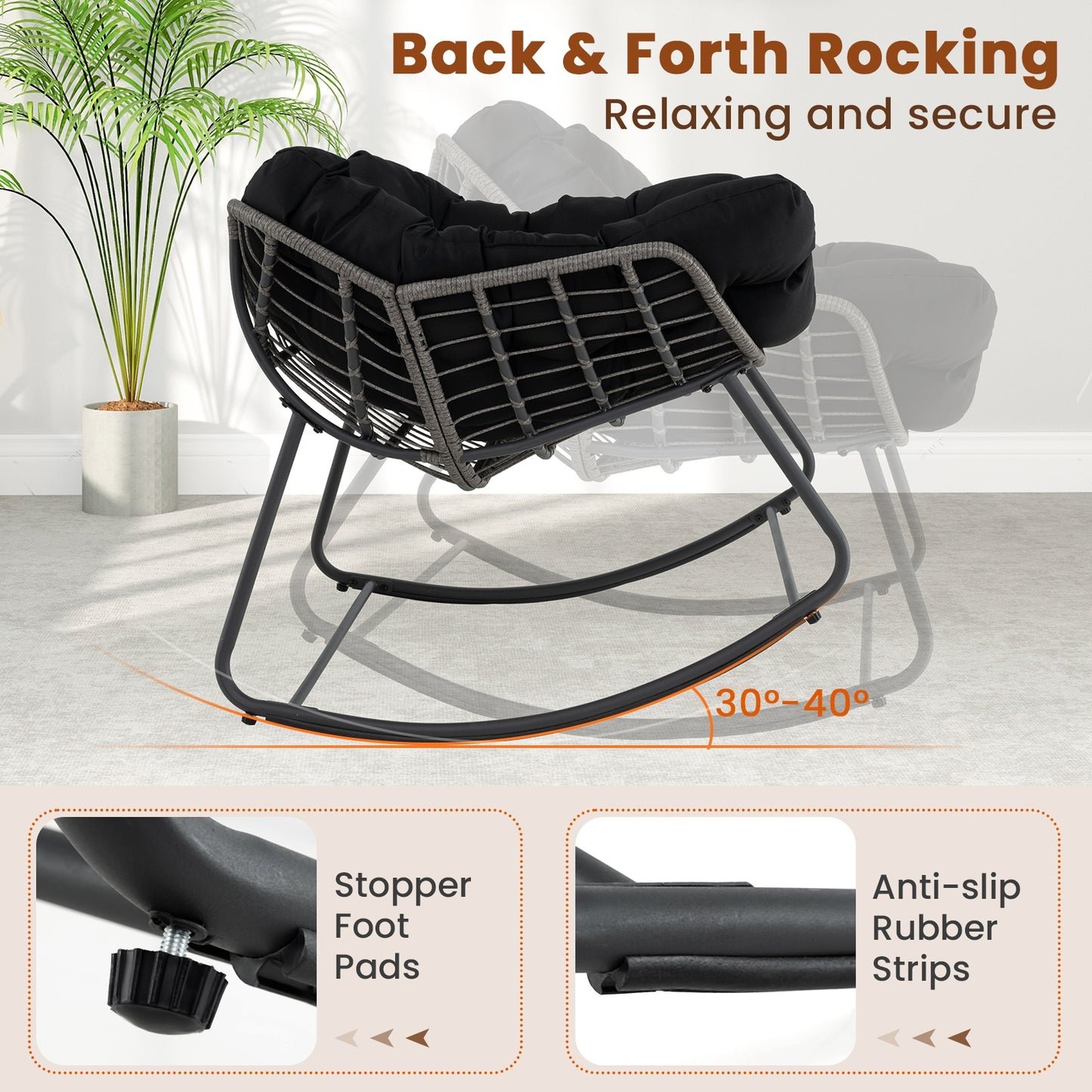 Outdoor Rocking Chair Oversized Patio PE Wicker Egg Chair with Cushion-Black Kids Crystal