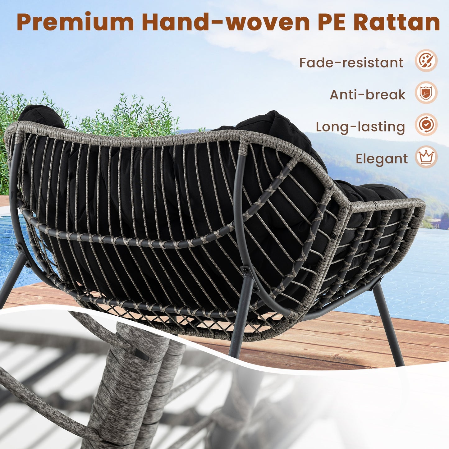 Outdoor Rocking Chair Oversized Patio PE Wicker Egg Chair with Cushion-Black Kids Crystal