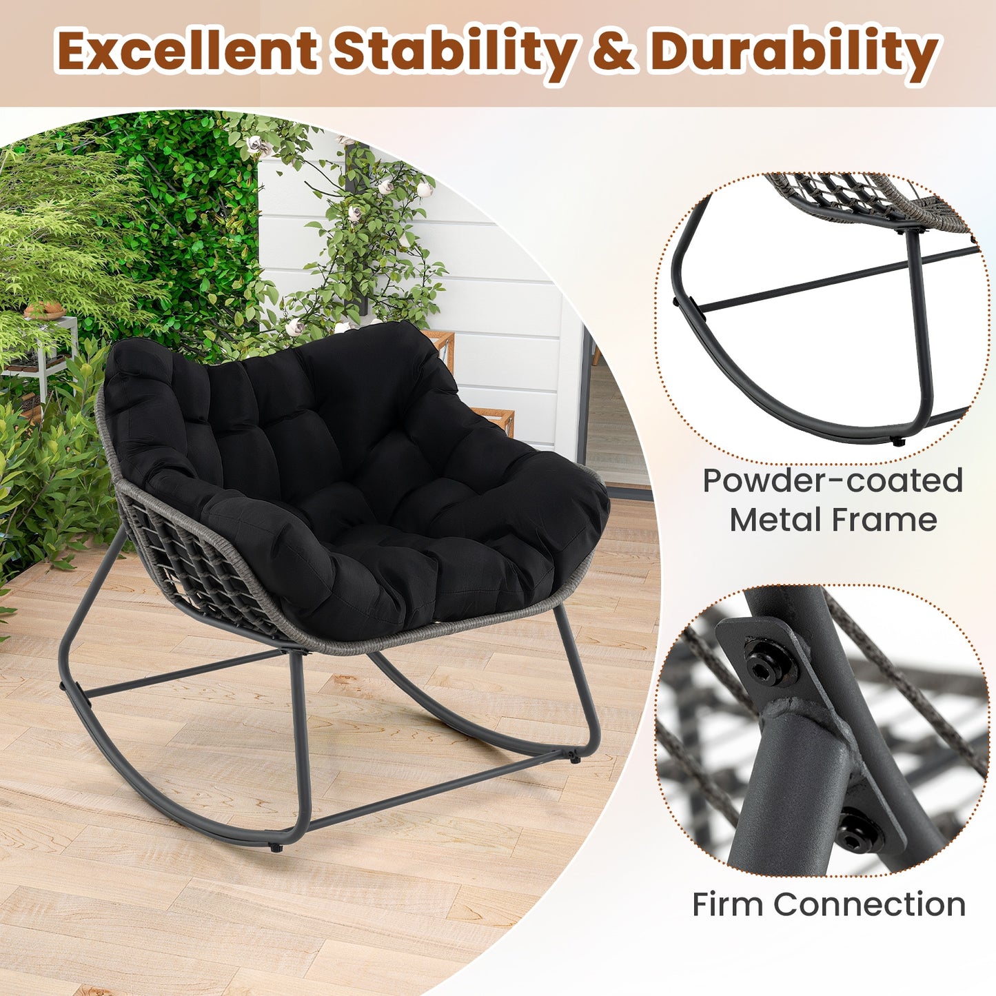 Outdoor Rocking Chair Oversized Patio PE Wicker Egg Chair with Cushion-Black Kids Crystal