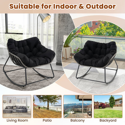 Outdoor Rocking Chair Oversized Patio PE Wicker Egg Chair with Cushion-Black