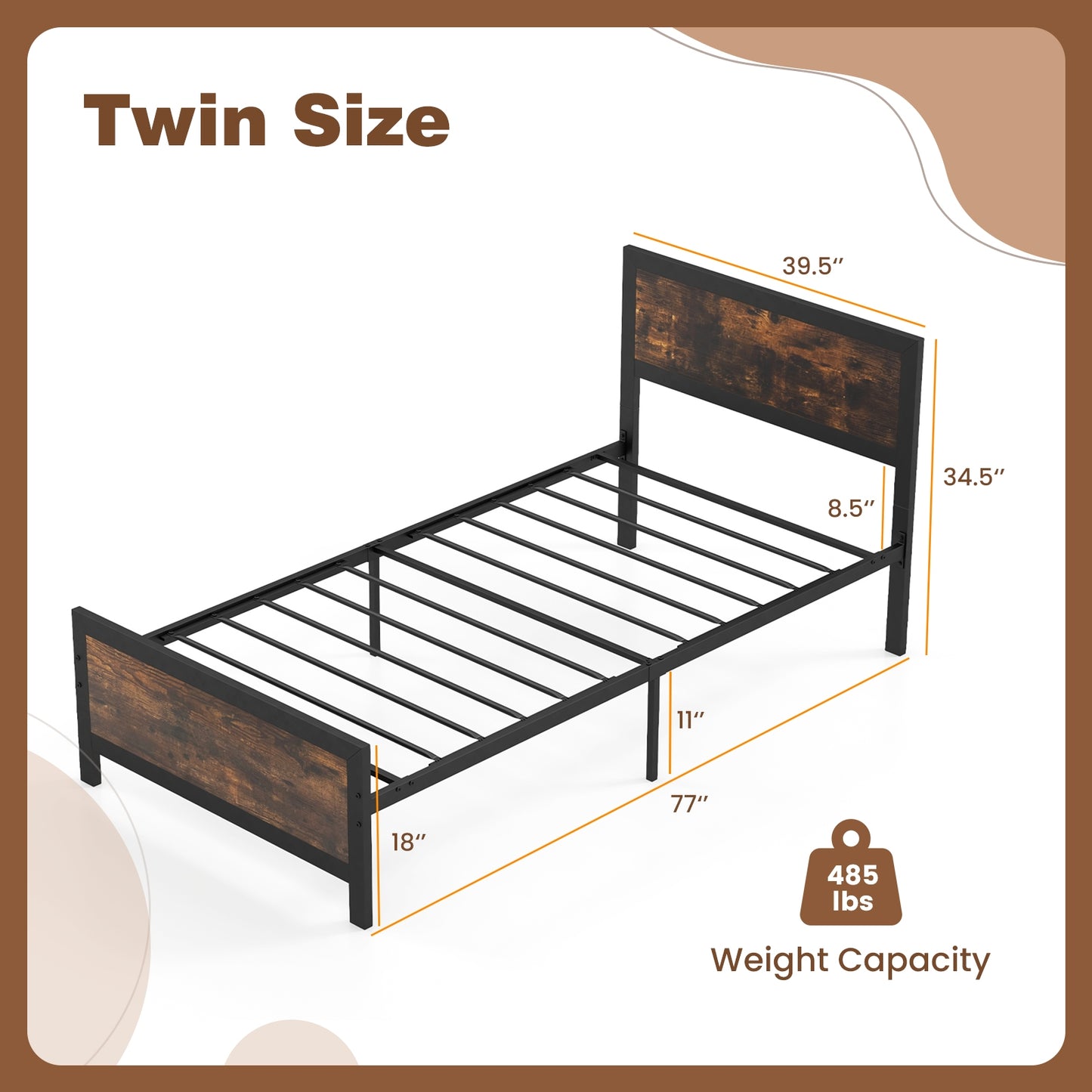 Metal Bed Frame with Headboard and Footboard-Twin Size Kids Crystal