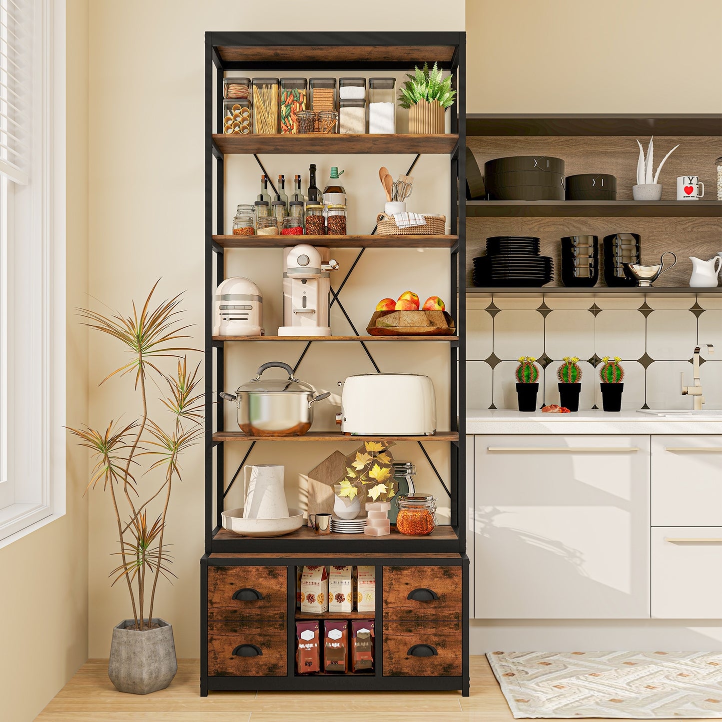 8-tier Bookshelf with 4 Fabric Drawers and Heavy-duty Metal Frame-Coffee Kids Crystal