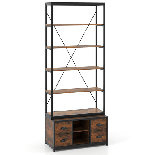 8-tier Bookshelf with 4 Fabric Drawers and Heavy-duty Metal Frame-Coffee Kids Crystal