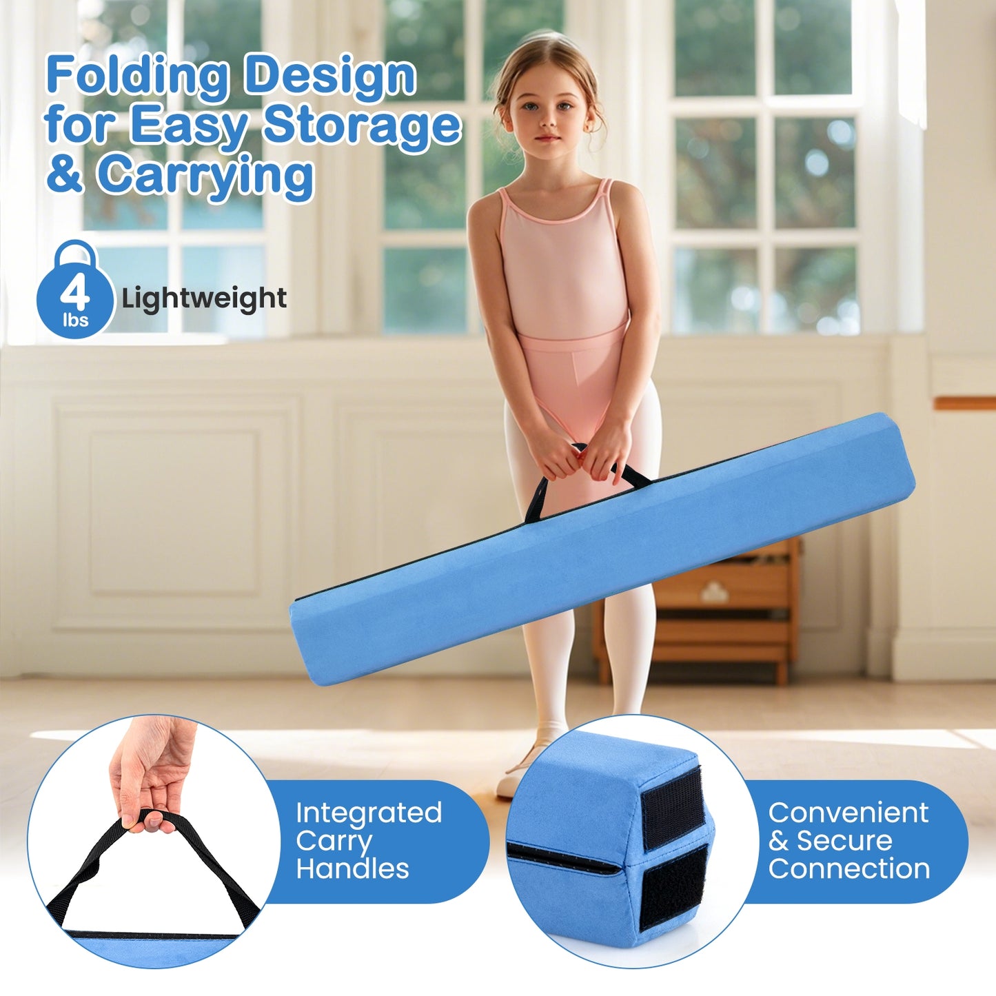 7 FT Folding Balance Beam with Removable Suede Cover and Non-slip Bottom-Navy