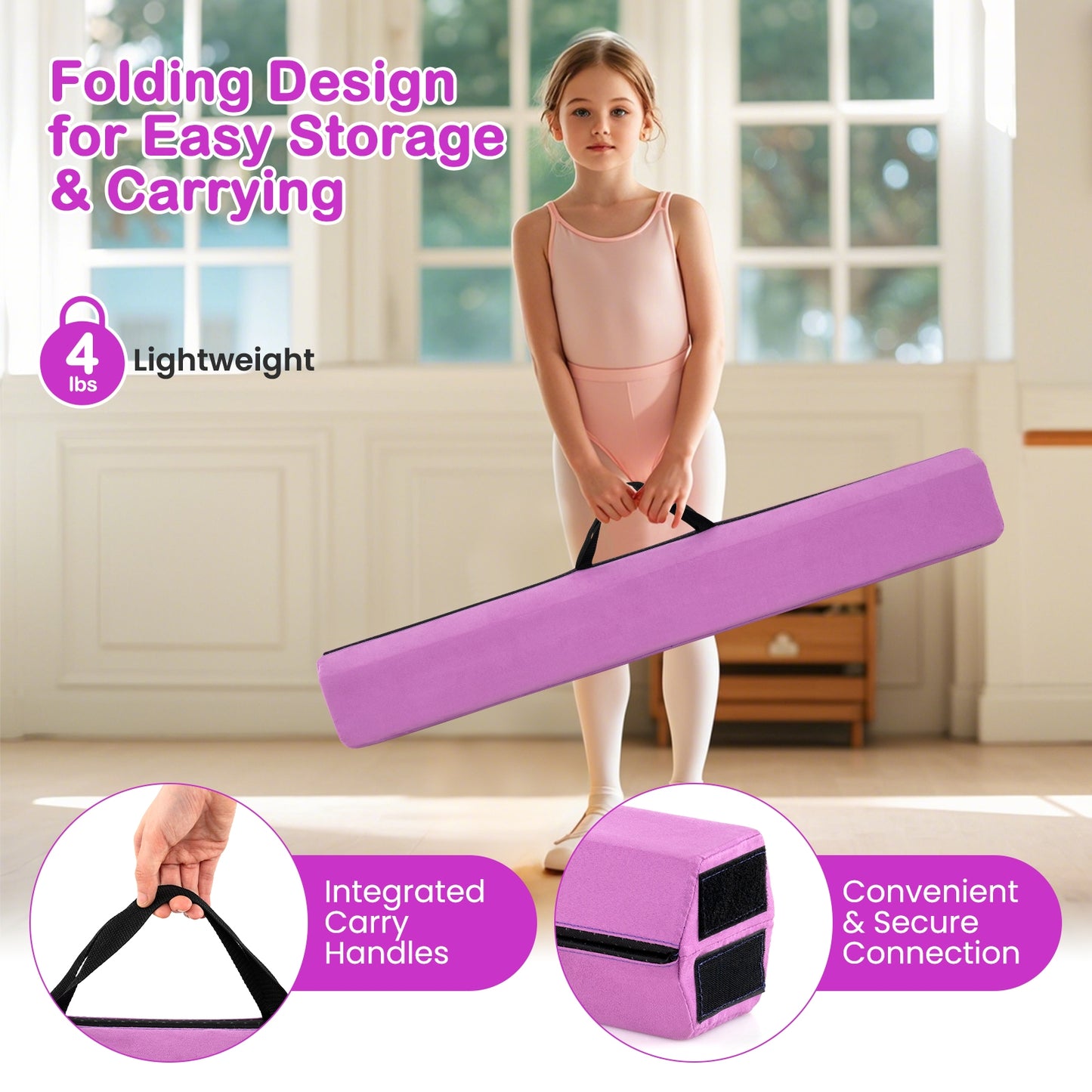 7 FT Folding Balance Beam with Removable Suede Cover and Non-slip Bottom-Purple