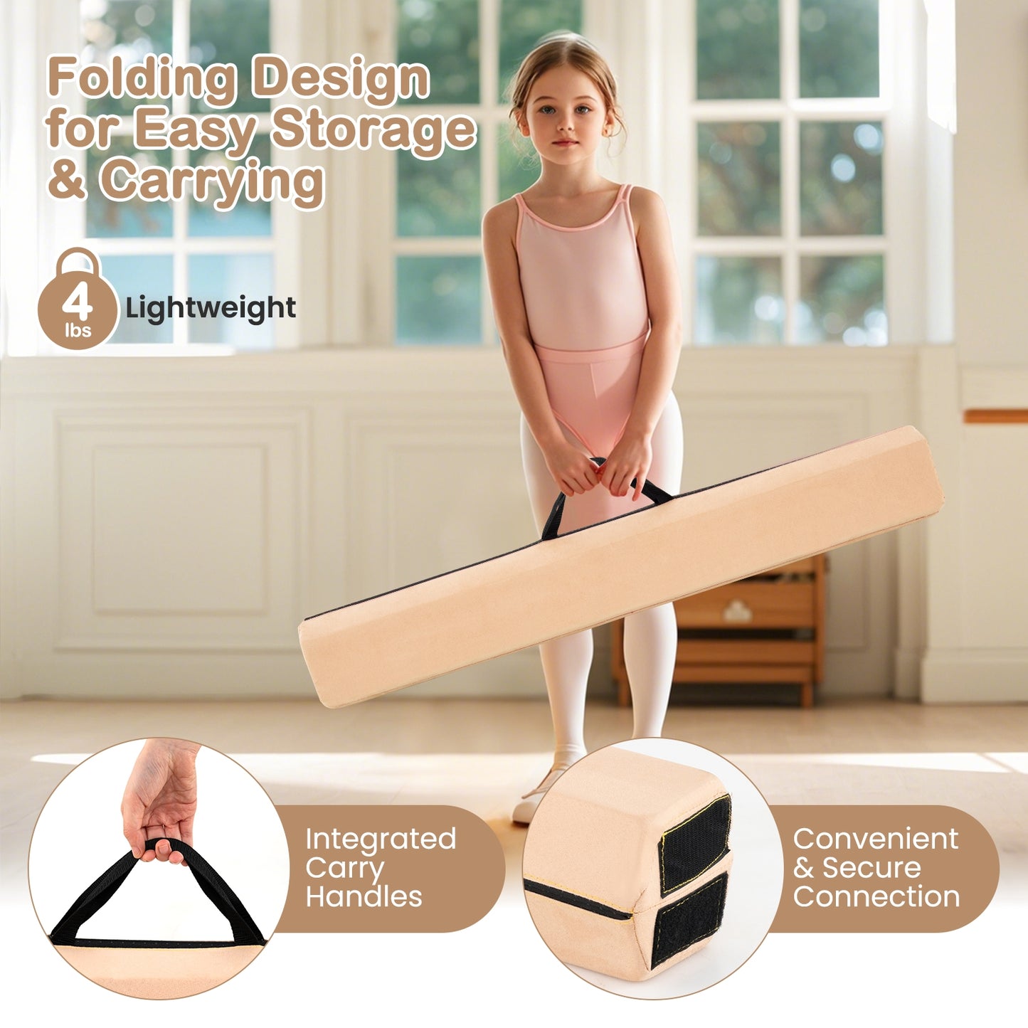 7 FT Folding Balance Beam with Removable Suede Cover and Non-slip Bottom-Khaki