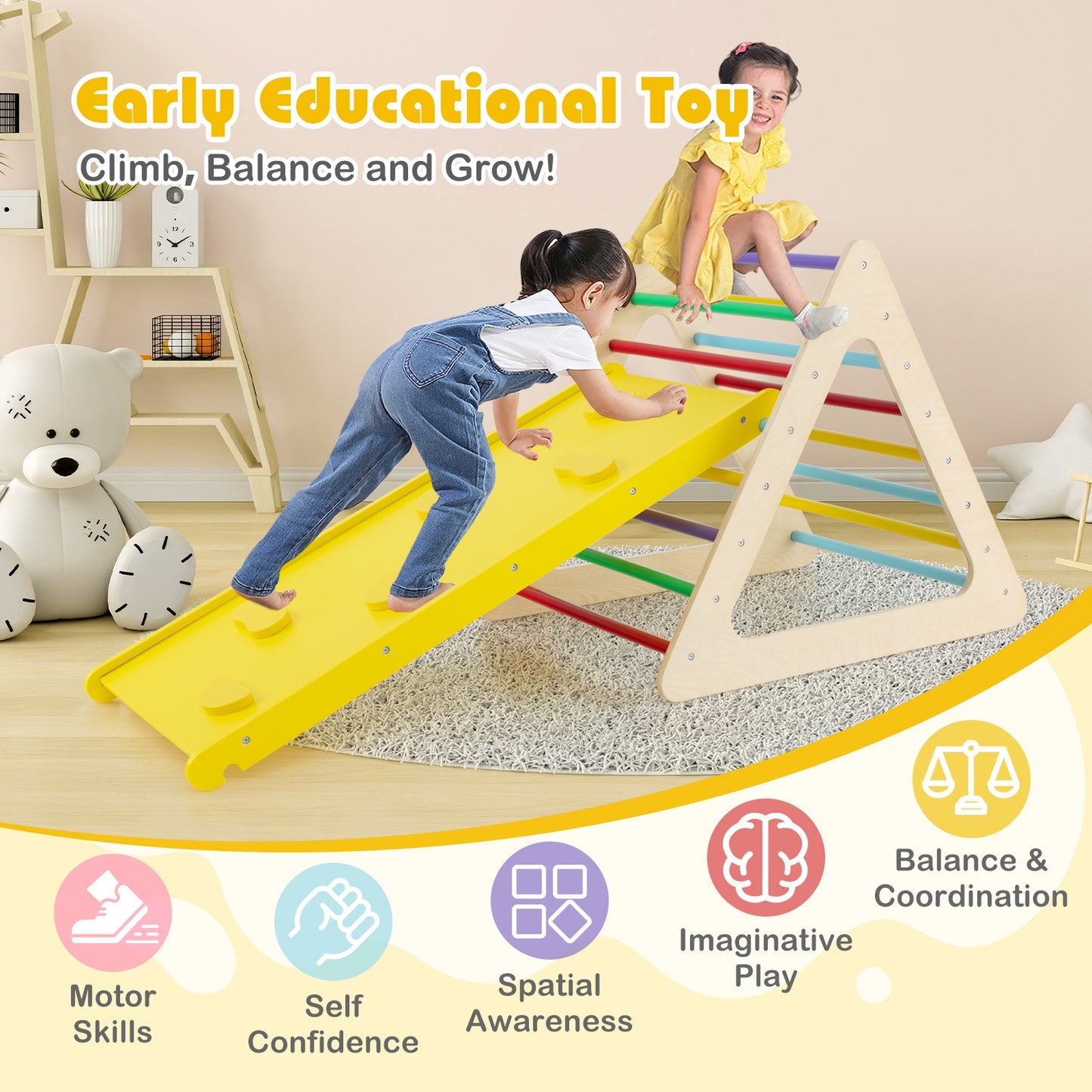 3 Piece Toddler Triangle Set Montessori with 2 Climbing Triangles and 1 Ramp-Colorful Kids Crystal