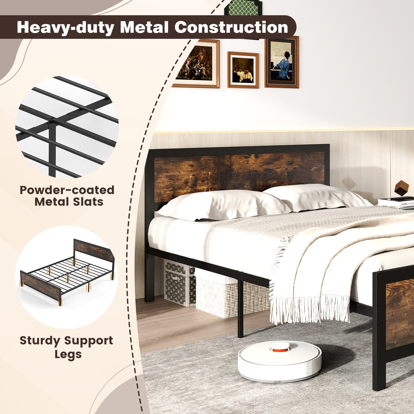Metal Bed Frame with Headboard and Footboard-Full Size Kids Crystal