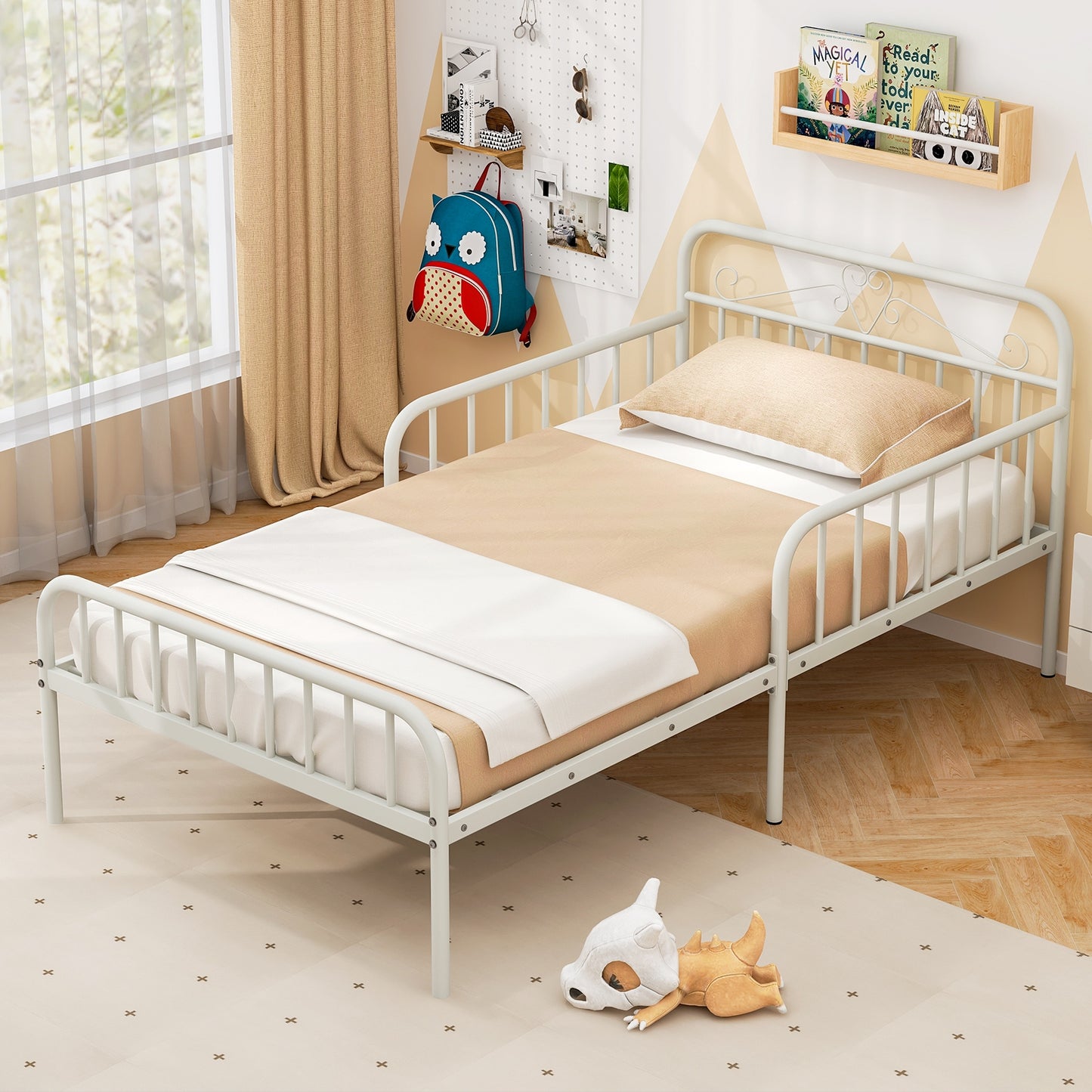 Twin Size Bed Frame with Headboard and Safety Side Guardrails-White Kids Crystal