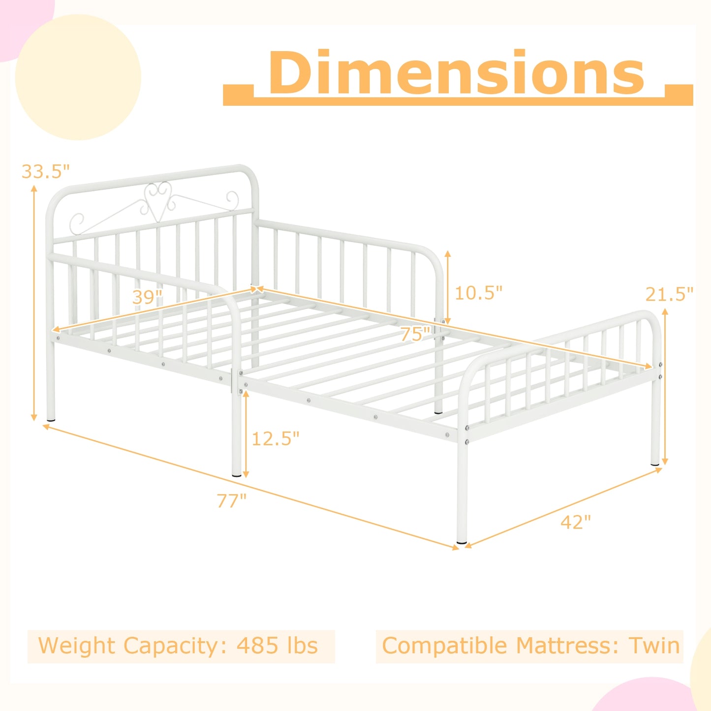 Twin Size Bed Frame with Headboard and Safety Side Guardrails-White Kids Crystal