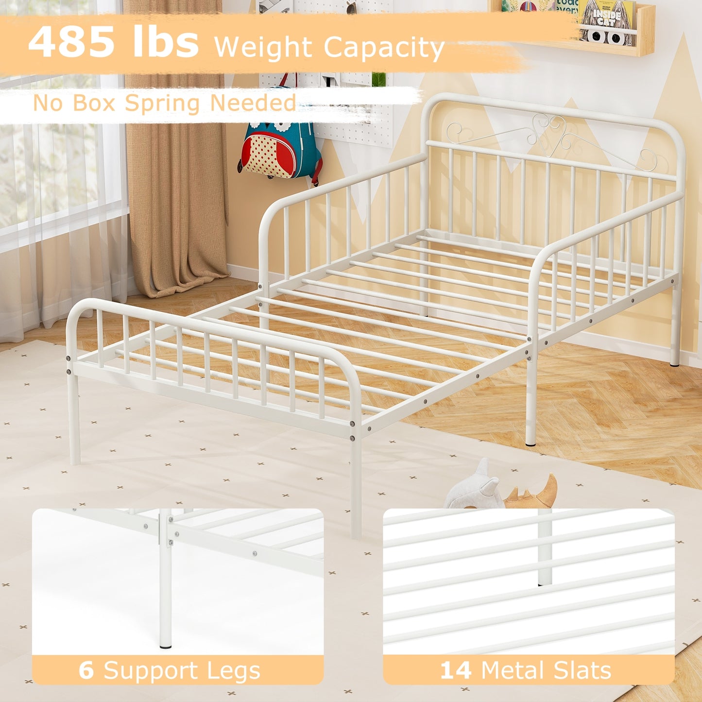 Twin Size Bed Frame with Headboard and Safety Side Guardrails-White Kids Crystal