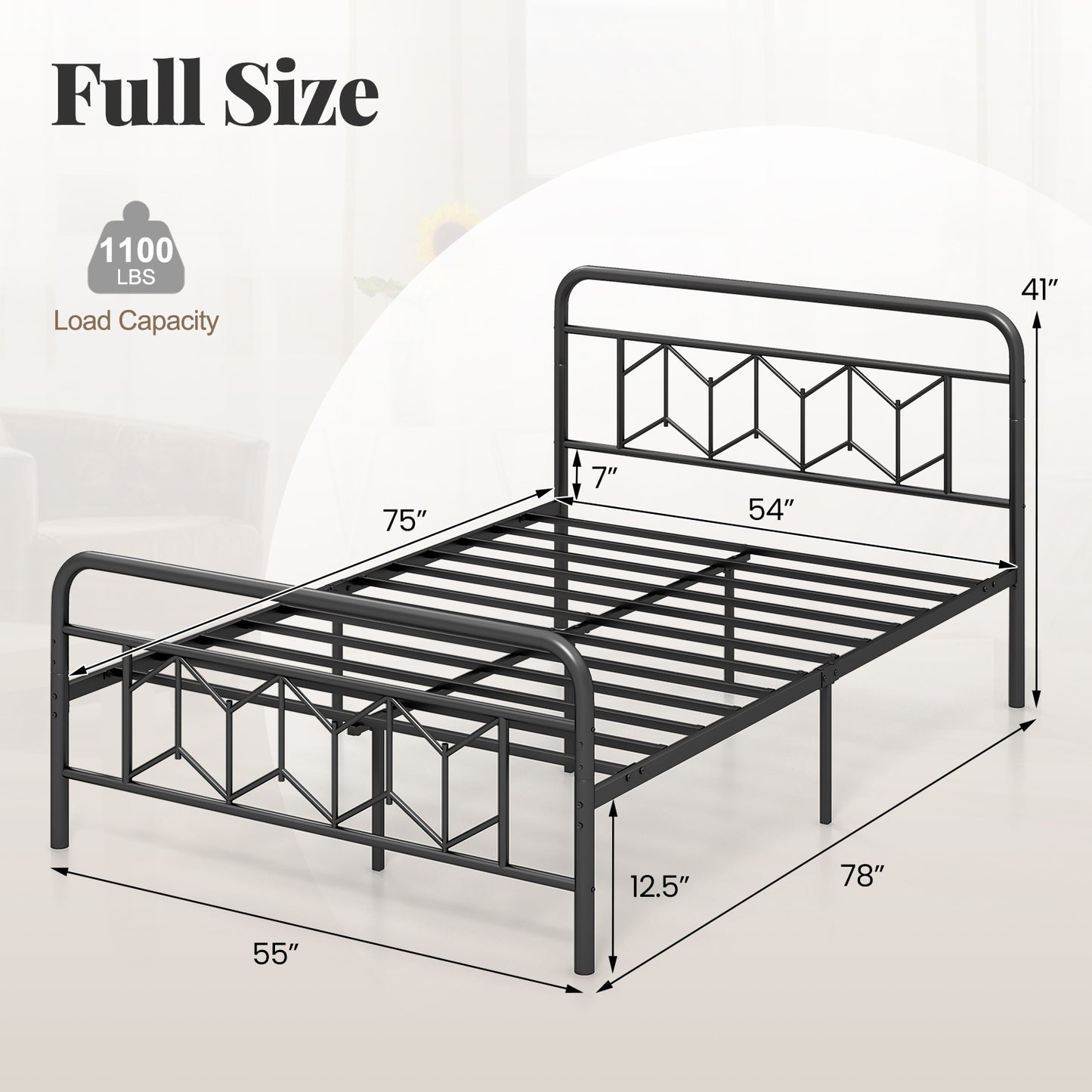 Platform Bed with High Headboard and Snap Lock Metal Slats-Full Size Kids Crystal