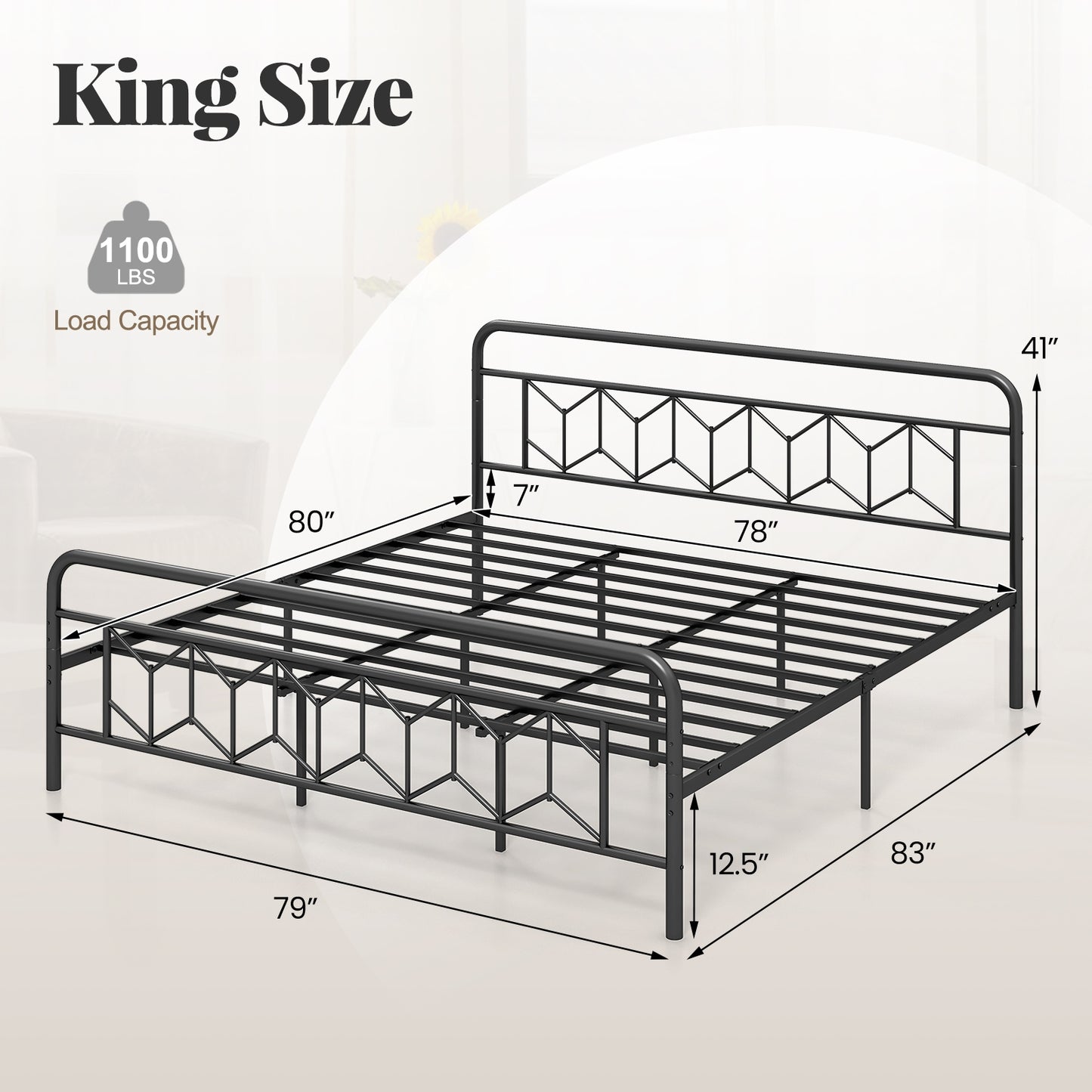 Platform Bed with High Headboard and Snap Lock Metal Slats-King Size Kids Crystal