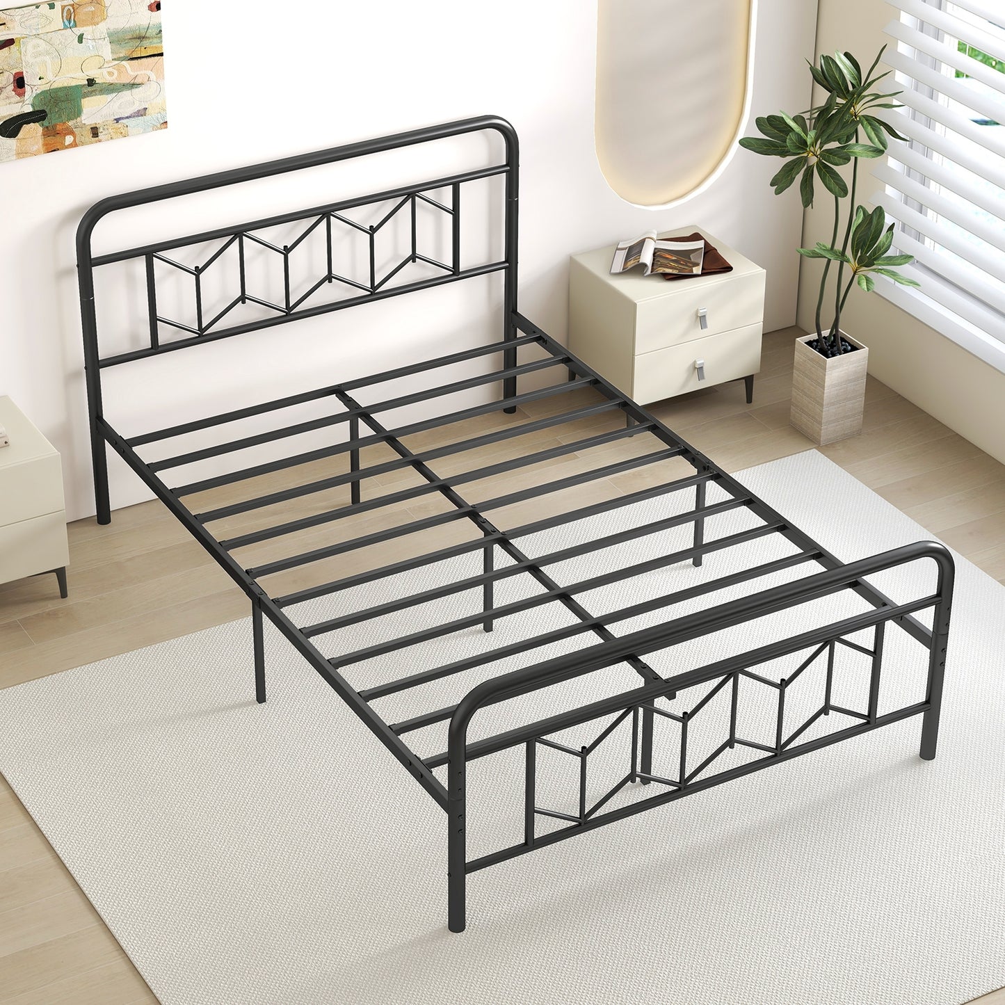 Platform Bed with High Headboard and Snap Lock Metal Slats-Full Size Kids Crystal