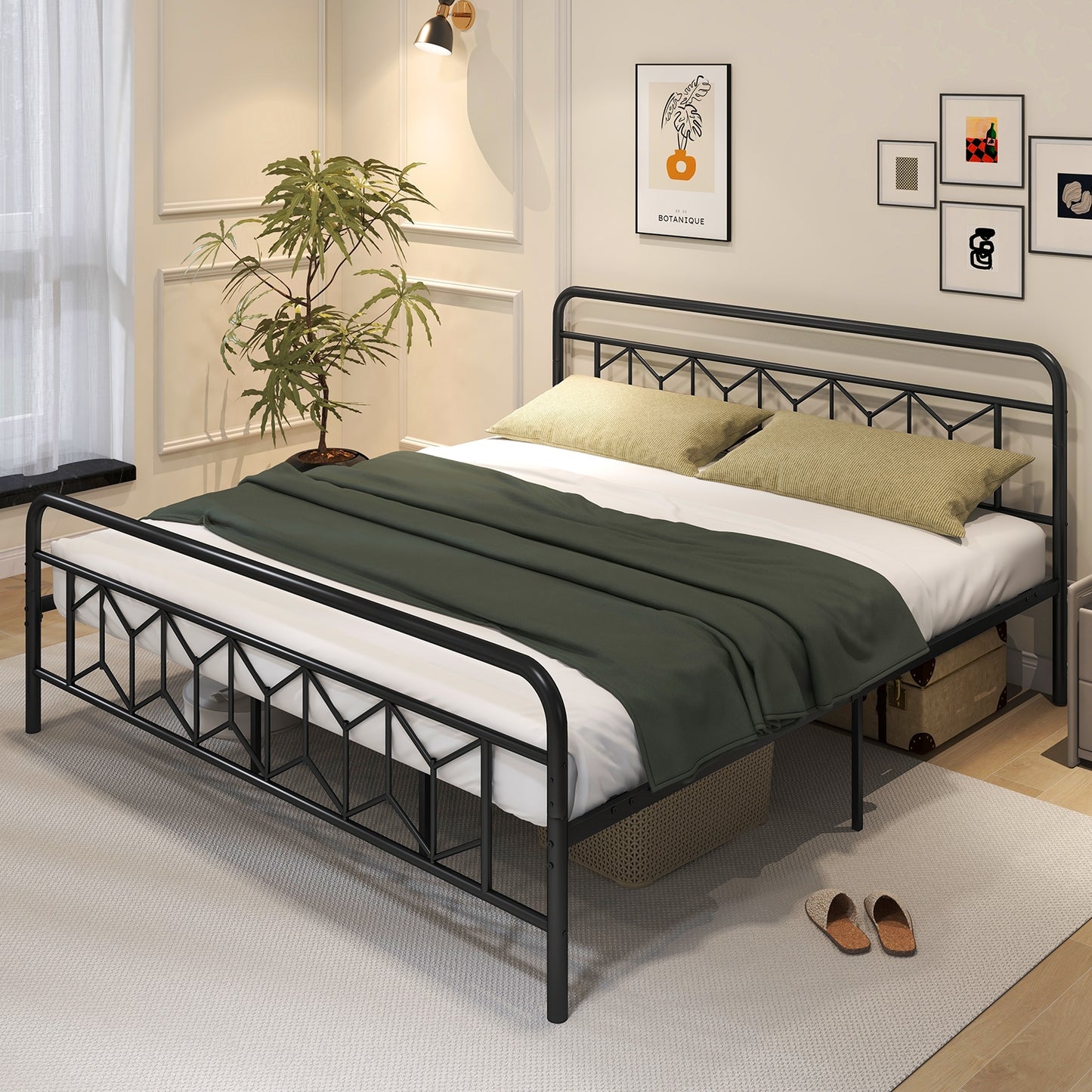 Platform Bed with High Headboard and Snap Lock Metal Slats-King Size Kids Crystal