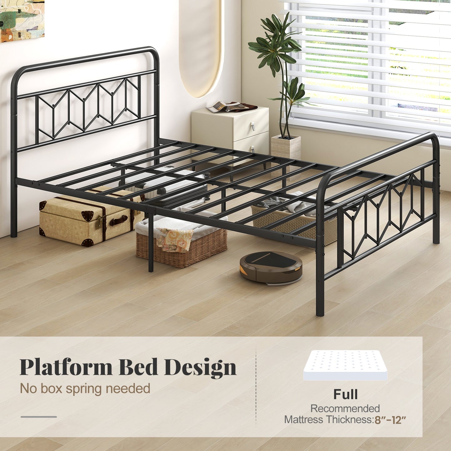 Platform Bed with High Headboard and Snap Lock Metal Slats-Full Size Kids Crystal