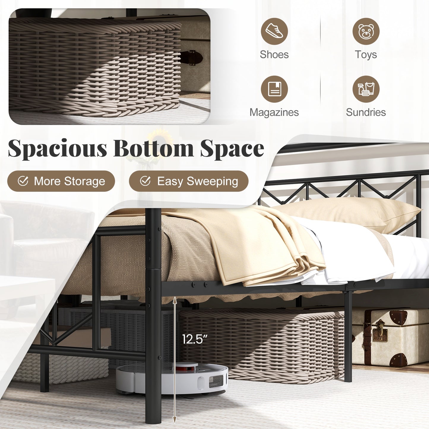 Platform Bed with High Headboard and Snap Lock Metal Slats-King Size Kids Crystal