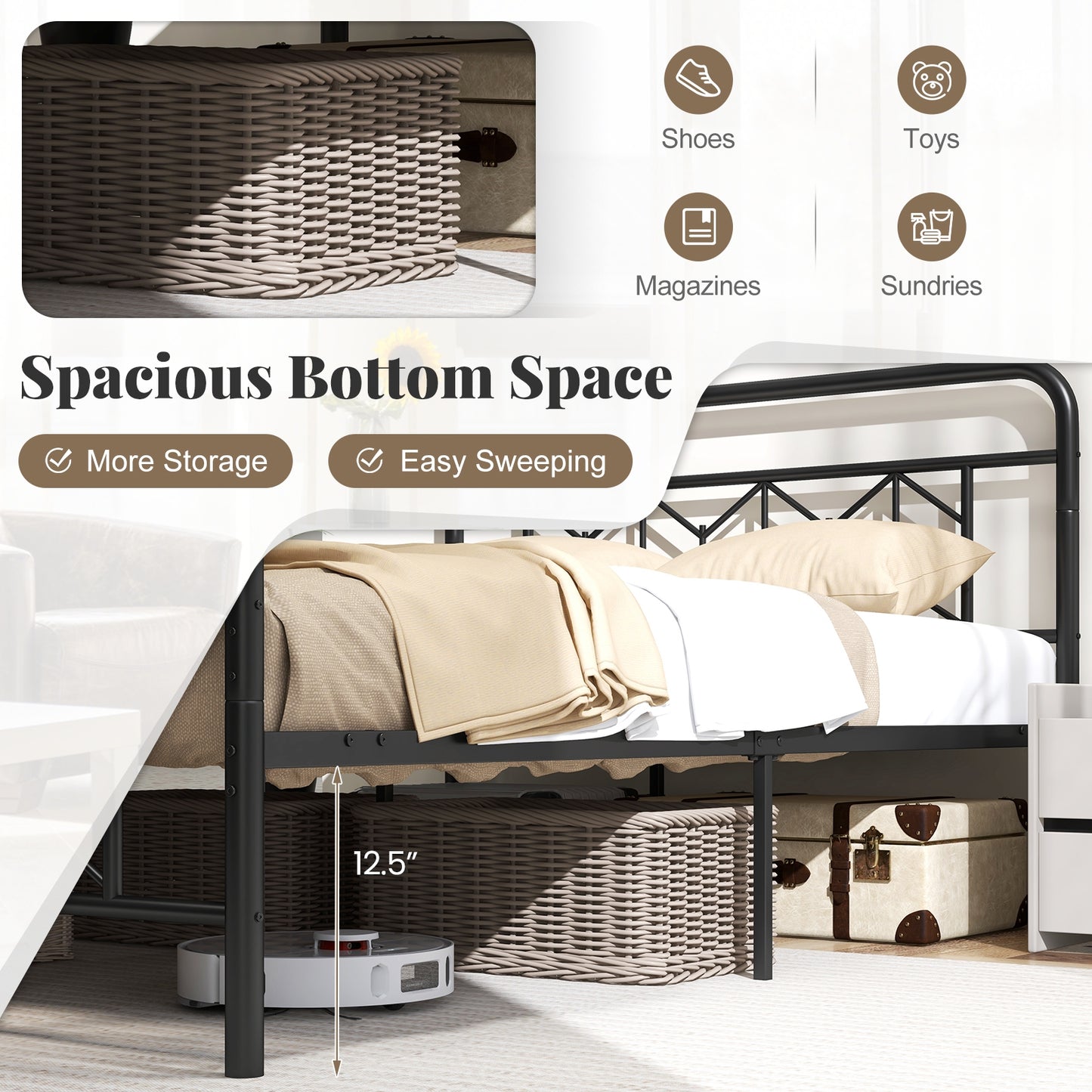 Platform Bed with High Headboard and Snap Lock Metal Slats-Full Size Kids Crystal