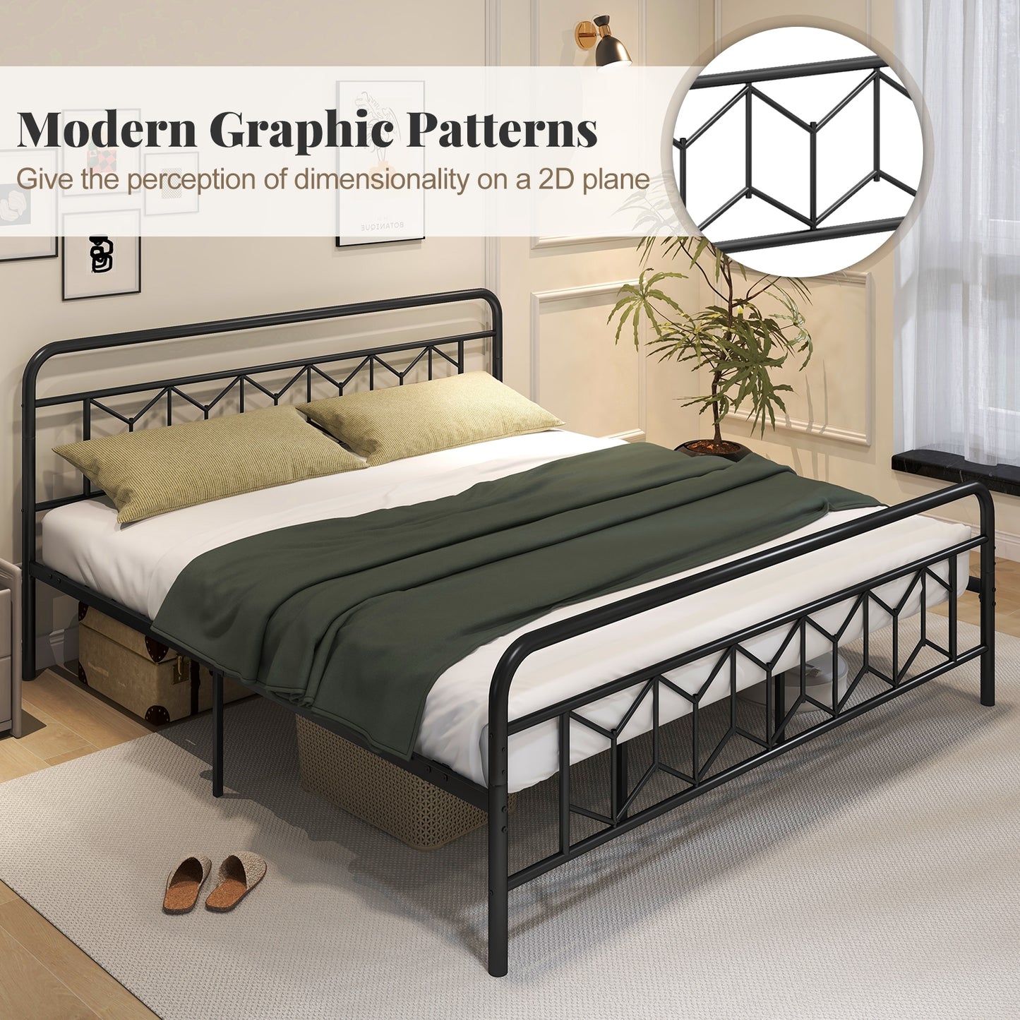 Platform Bed with High Headboard and Snap Lock Metal Slats-King Size Kids Crystal