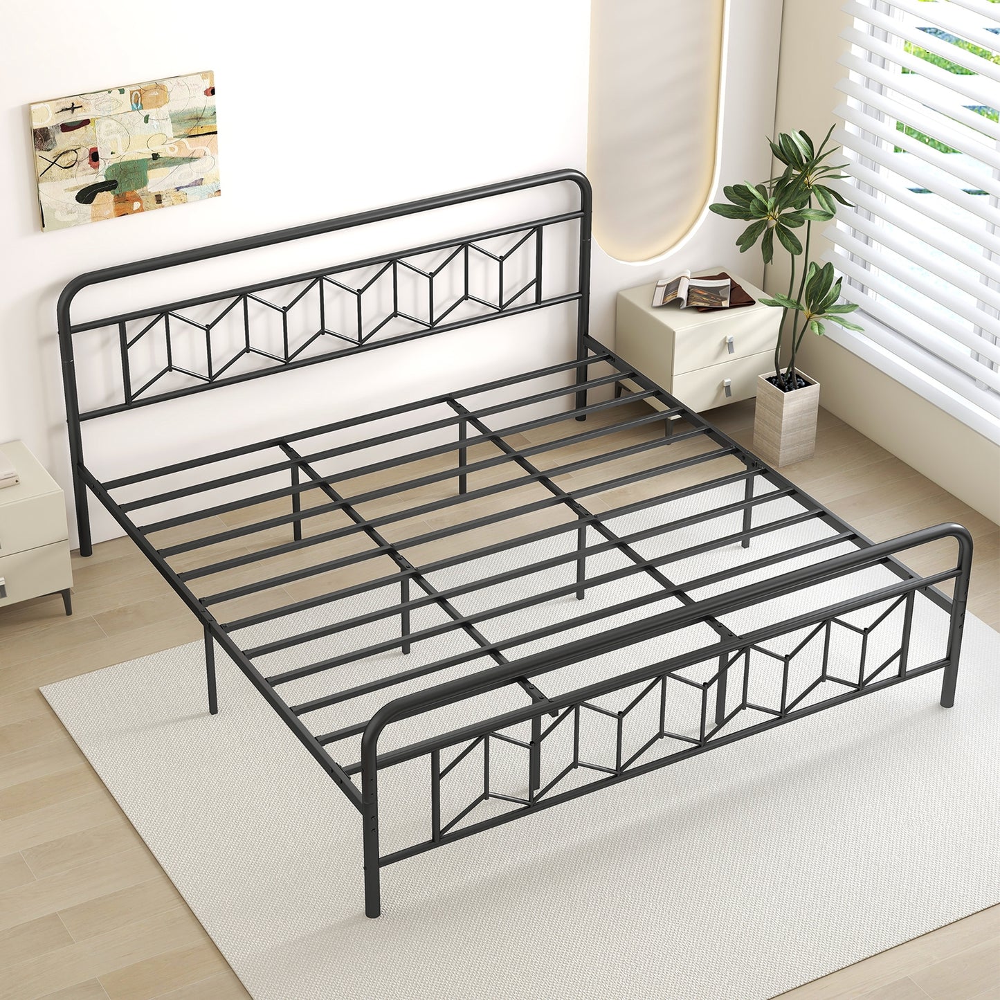 Platform Bed with High Headboard and Snap Lock Metal Slats-King Size Kids Crystal