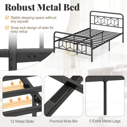 Platform Bed with High Headboard and Snap Lock Metal Slats-Full Size