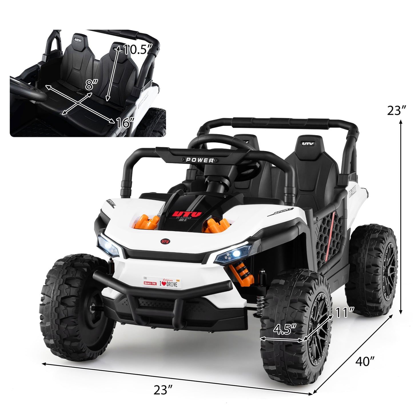 12V Kids Ride on Truck Off-Road UTV with Parental Remote and Lights-White