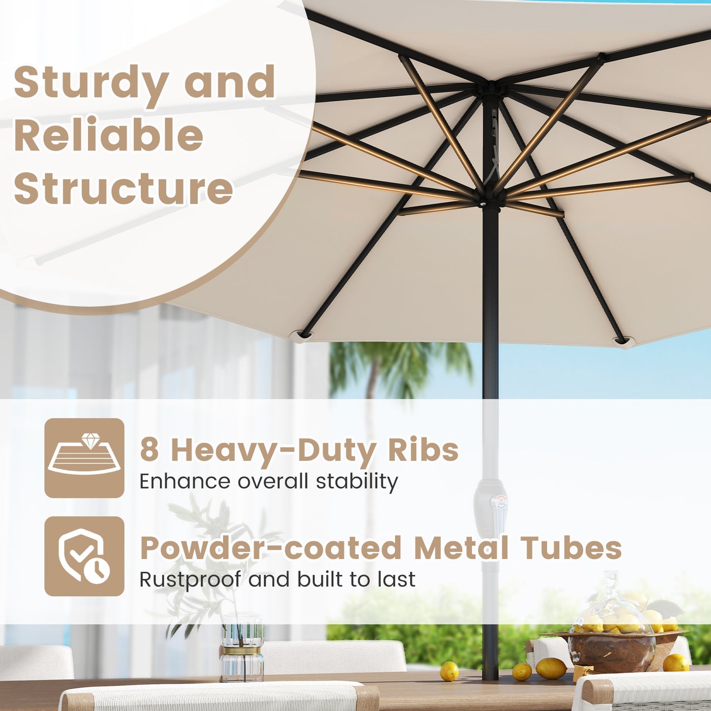 Outdoor Heavy Duty Market Umbrella with Crank Handle and 8 Sturdy Ribs-Beige Kids Crystal