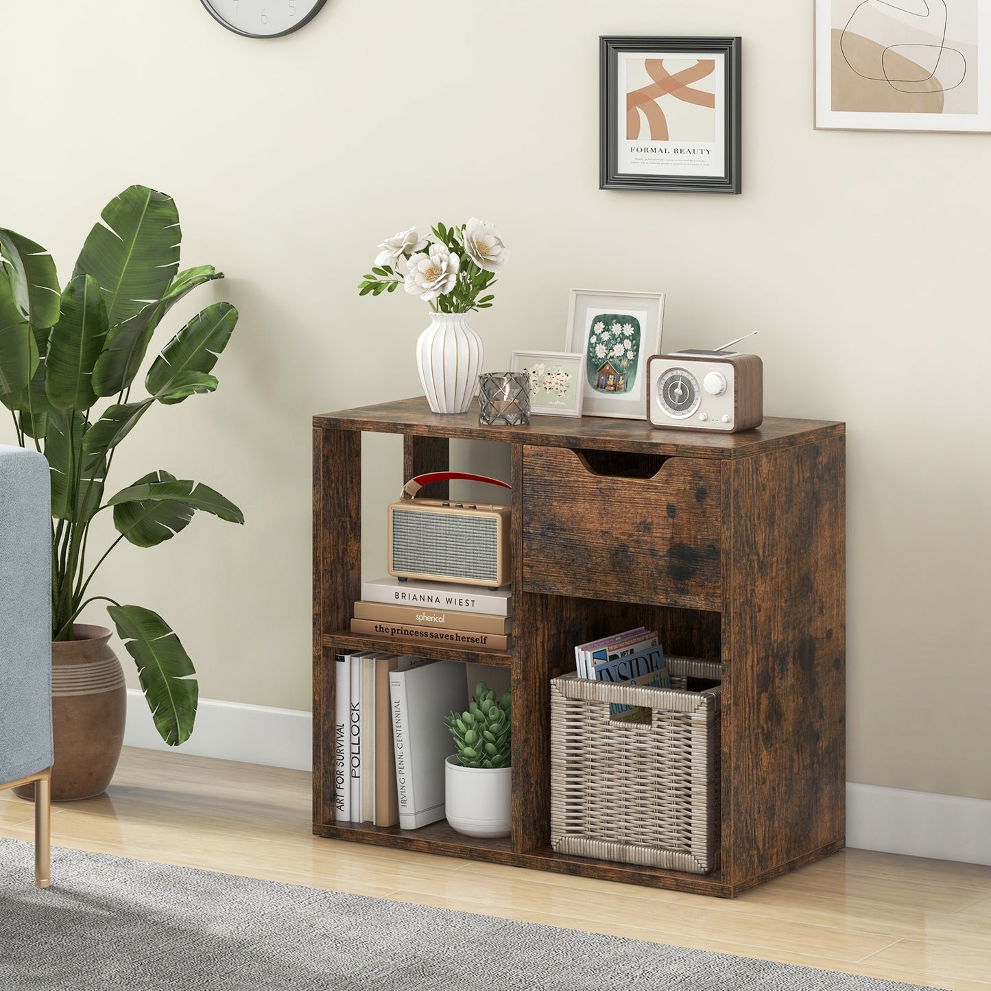 3-Cube Bookcase 2-tier Wooden Storage Shelf with Pull-out Drawer-Brown Kids Crystal