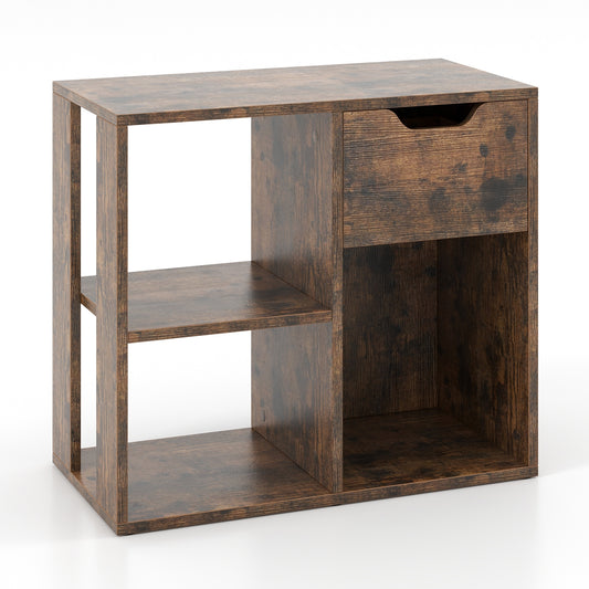 3-Cube Bookcase 2-tier Wooden Storage Shelf with Pull-out Drawer-Brown Kids Crystal