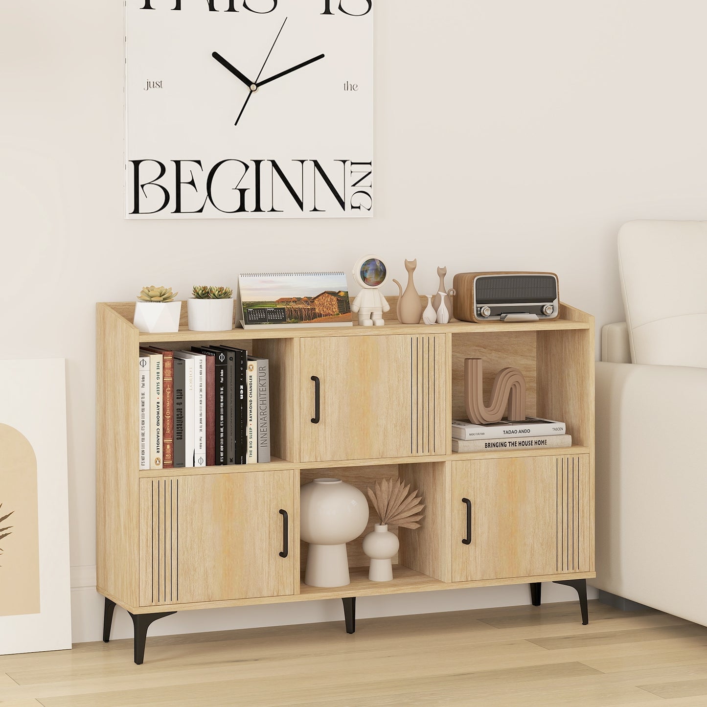 Sideboard Storage Cabinet Bookcase with 3 Doors and Open Compartments-Oak Kids Crystal