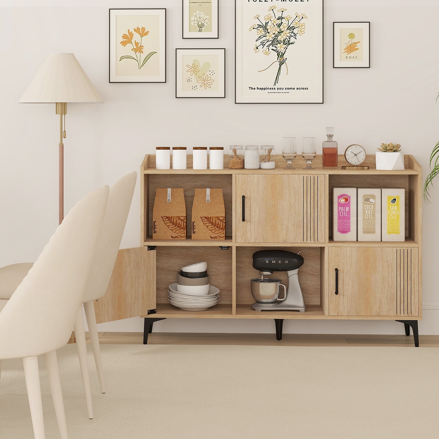Sideboard Storage Cabinet Bookcase with 3 Doors and Open Compartments-Oak Kids Crystal