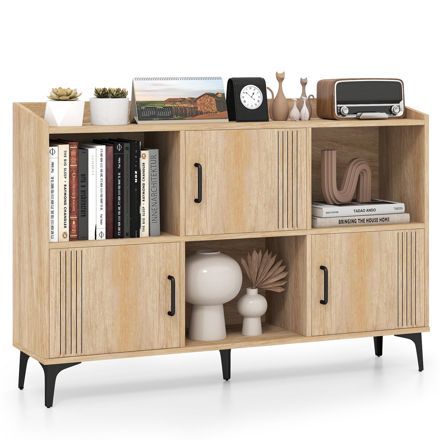 Sideboard Storage Cabinet Bookcase with 3 Doors and Open Compartments-Oak Kids Crystal
