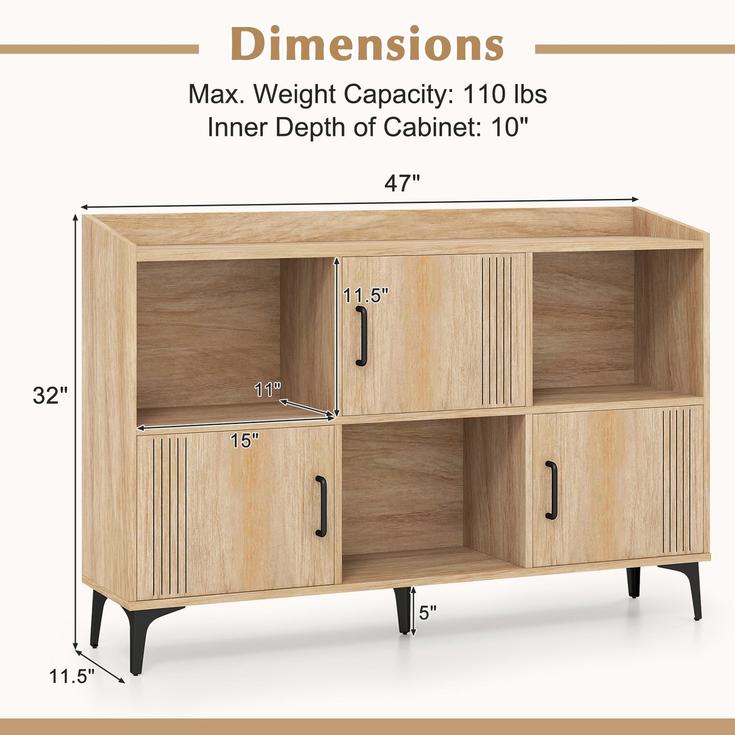 Sideboard Storage Cabinet Bookcase with 3 Doors and Open Compartments-Oak Kids Crystal