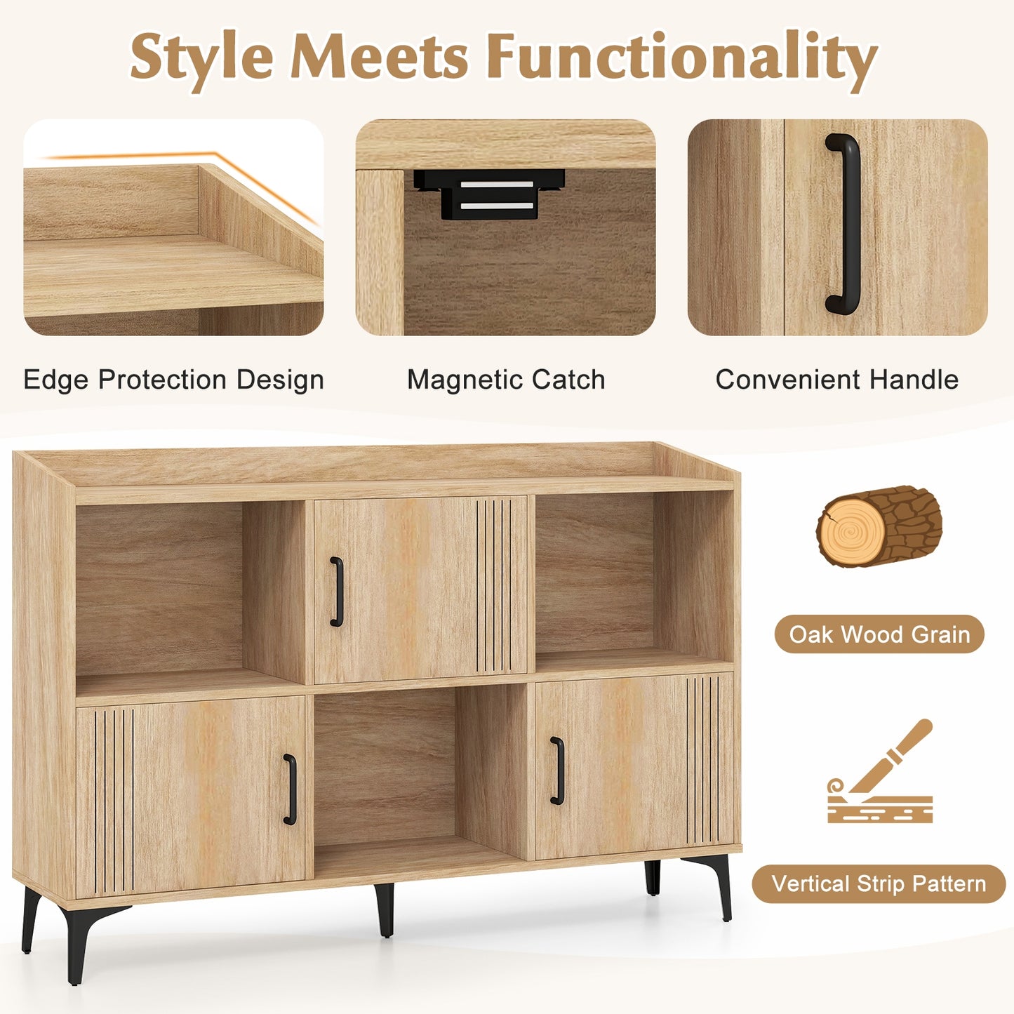 Sideboard Storage Cabinet Bookcase with 3 Doors and Open Compartments-Oak Kids Crystal