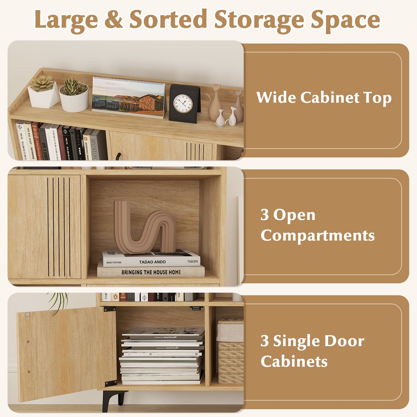 Sideboard Storage Cabinet Bookcase with 3 Doors and Open Compartments-Oak Kids Crystal