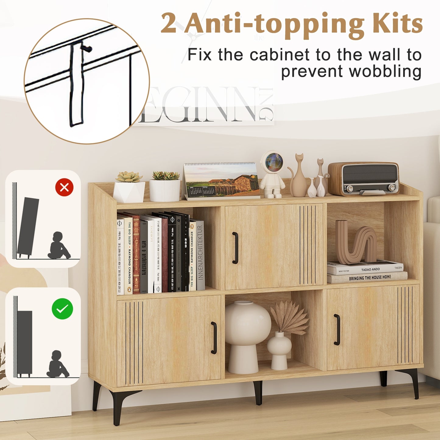Sideboard Storage Cabinet Bookcase with 3 Doors and Open Compartments-Oak Kids Crystal
