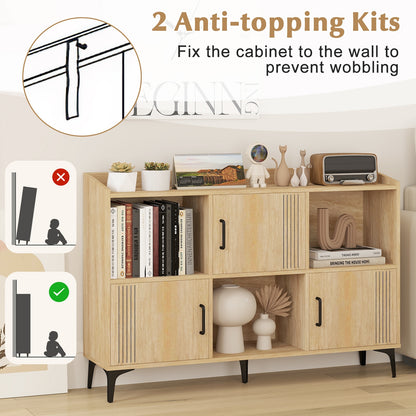 Sideboard Storage Cabinet Bookcase with 3 Doors and Open Compartments-Oak