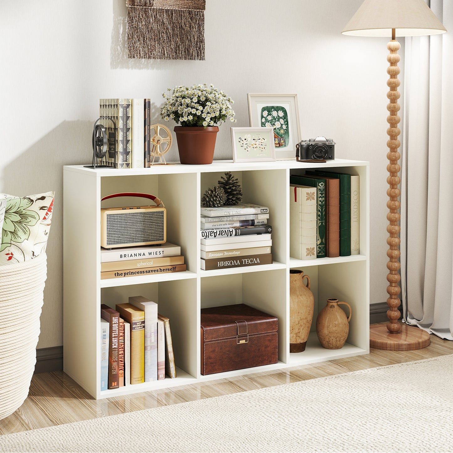 Modern 6-Cube Bookcase with Anti-tipping Kits for Bedroom Living Room-White Kids Crystal