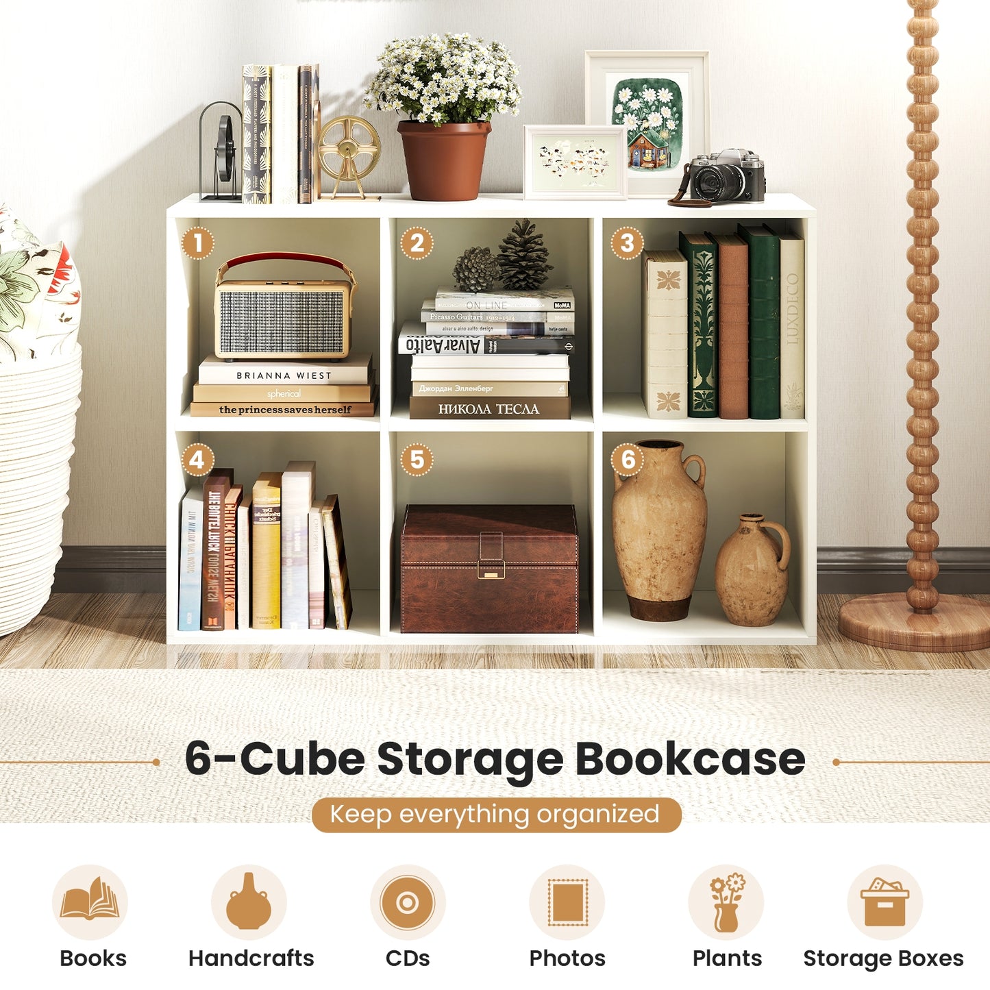 Modern 6-Cube Bookcase with Anti-tipping Kits for Bedroom Living Room-White Kids Crystal