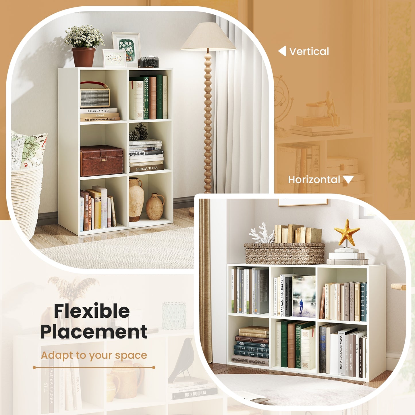 Modern 6-Cube Bookcase with Anti-tipping Kits for Bedroom Living Room-White Kids Crystal
