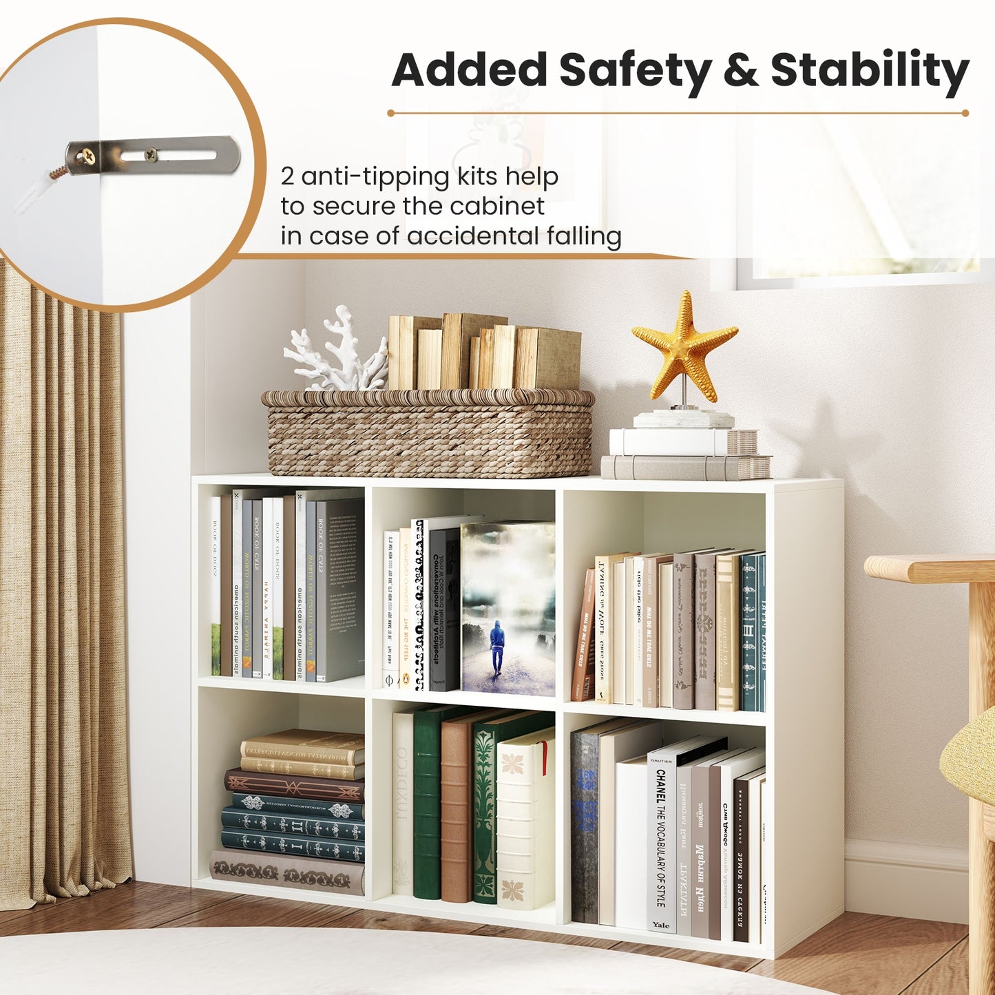 Modern 6-Cube Bookcase with Anti-tipping Kits for Bedroom Living Room-White Kids Crystal