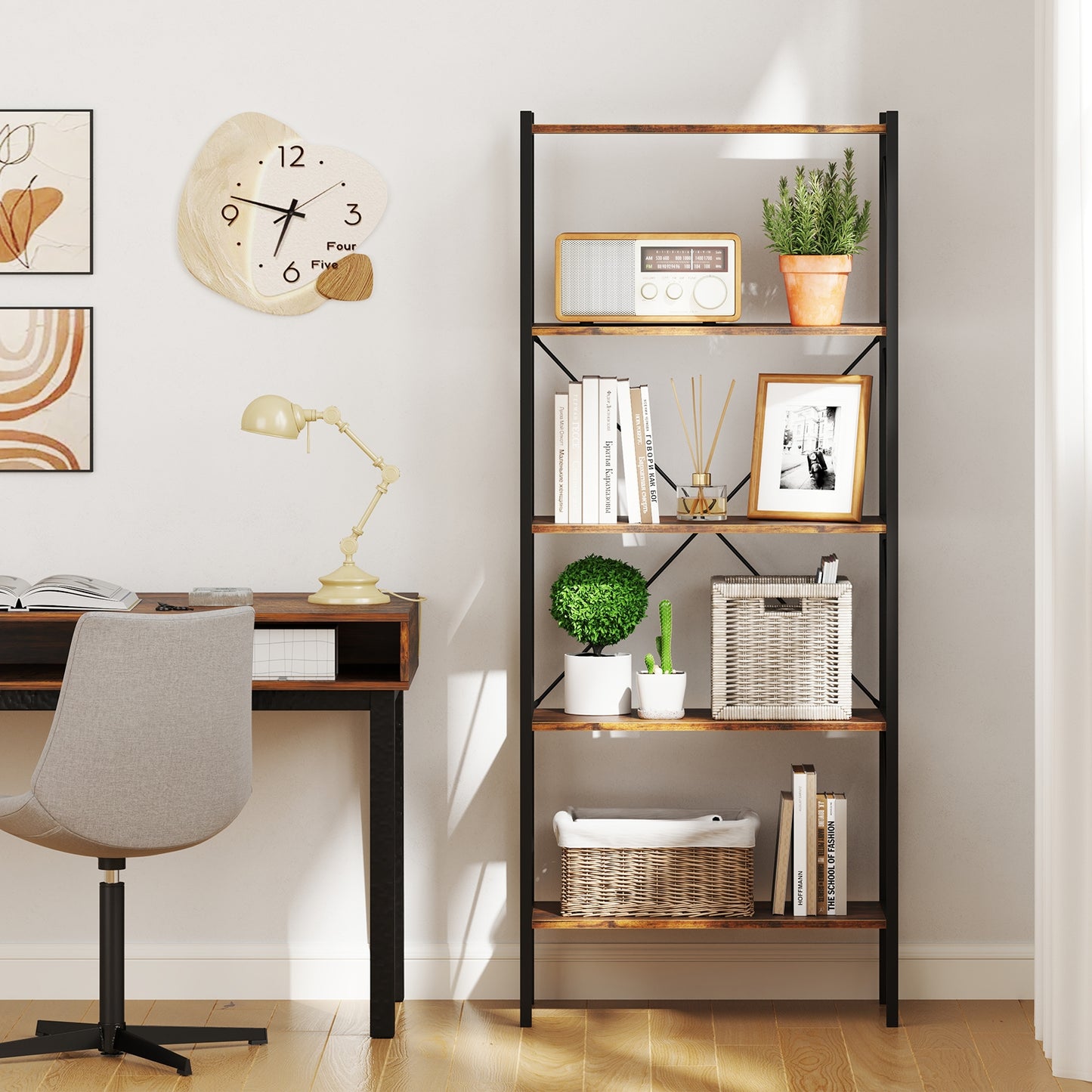 5-Tier Bookshelf with Open Shelves and Heavy Duty Metal Frame-Rustic Brown Kids Crystal